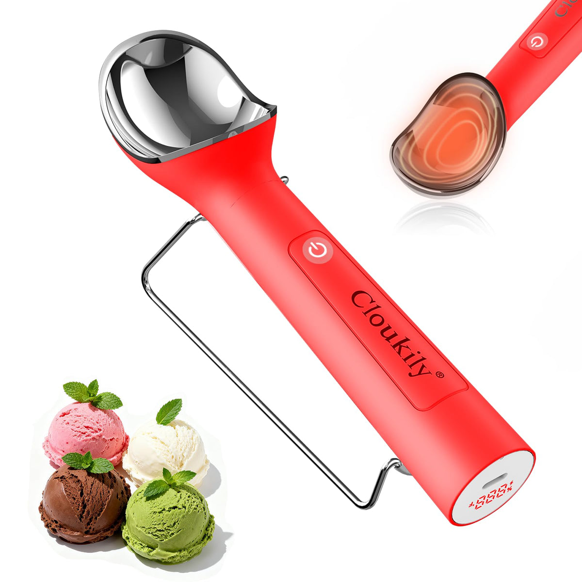 Cloukily heated scoop gen3 with stand ensures stable placement for precise servings.