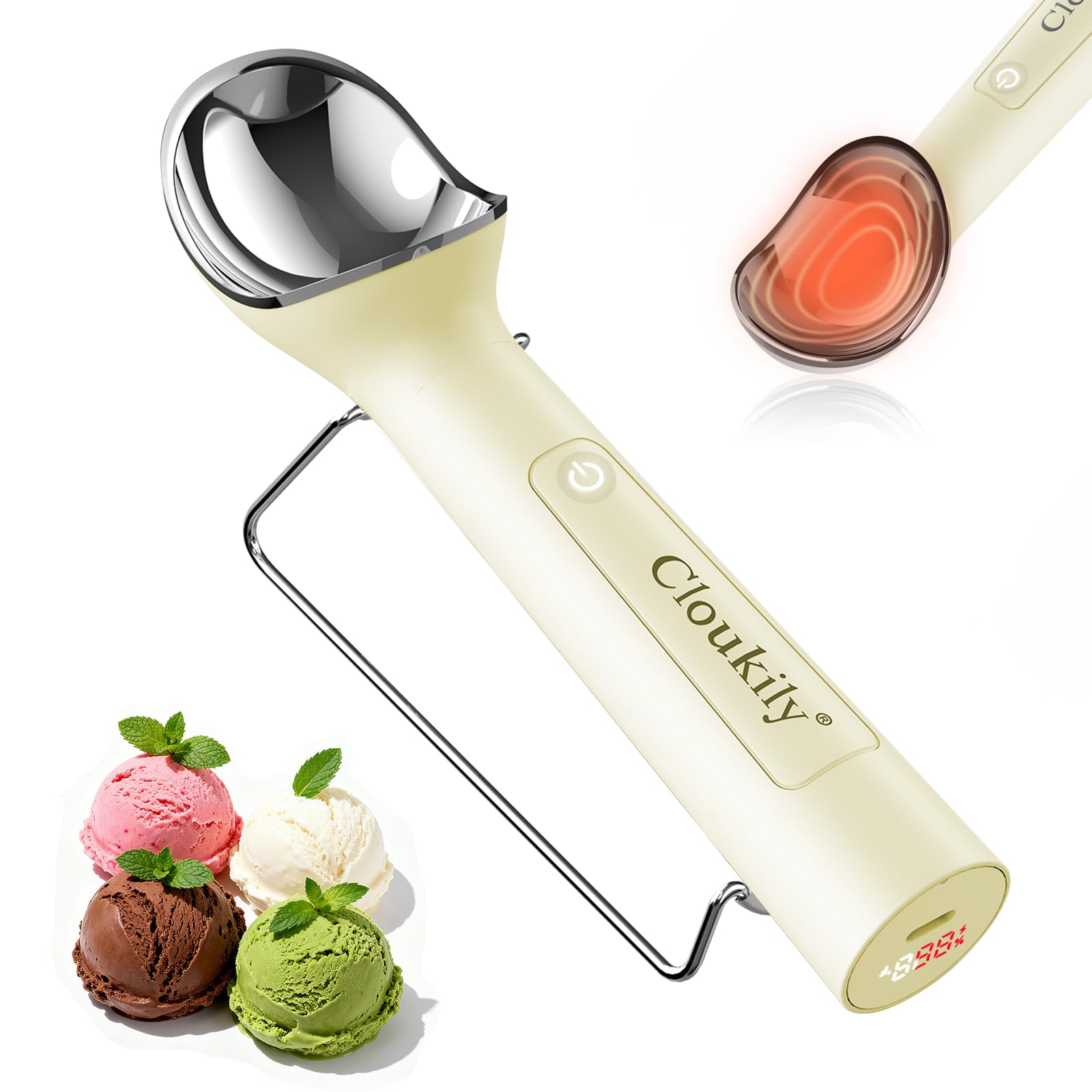 Cloukily heated ice cream scoop with on/off switch for precise control.