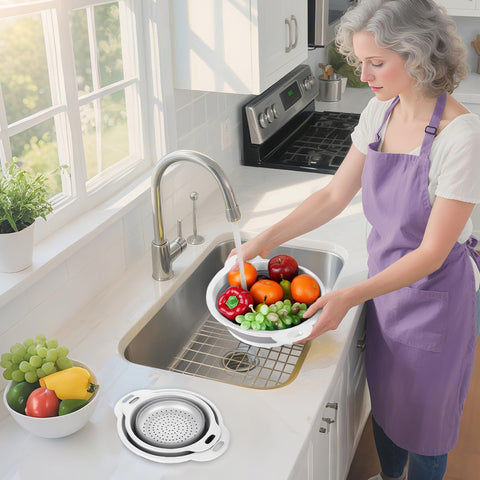 Ergonomic handle and non-slip base on Cluren collapsible colander for stable use.