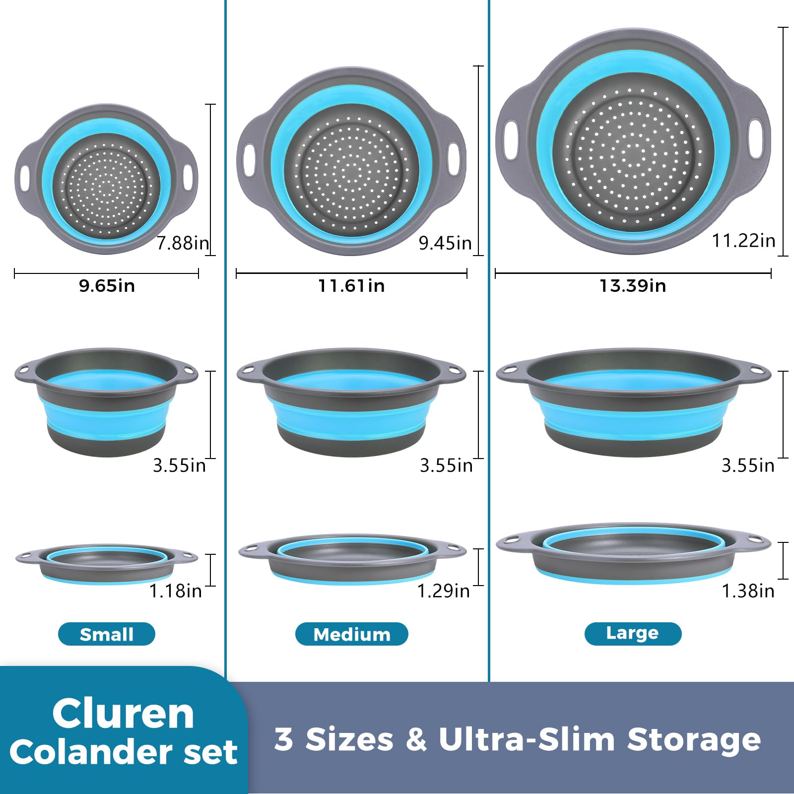 Cluren collapsible colander gray-blue folded flat for compact storage.