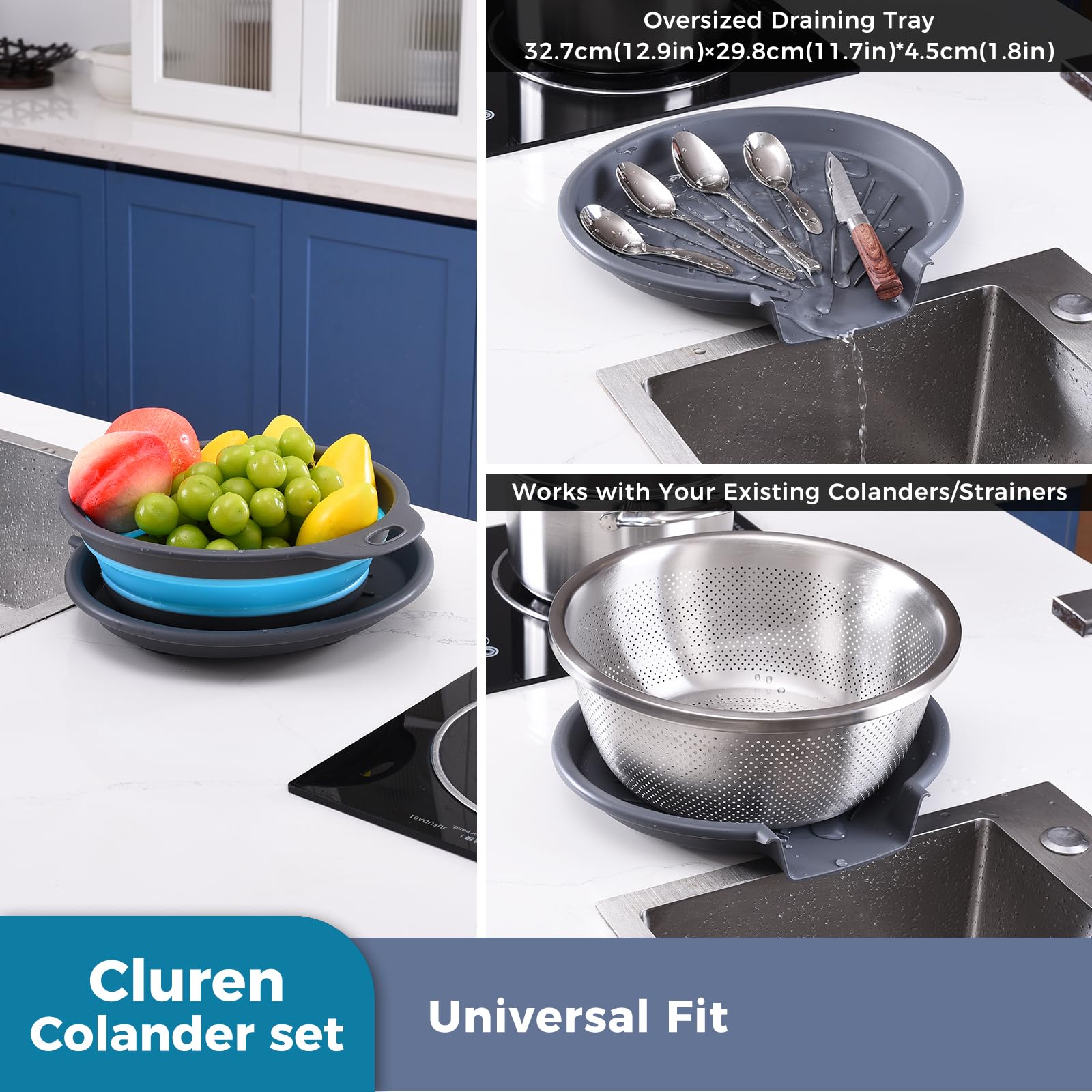 Cluren colander gray-blue ideal for washing fruits and rinsing rice.