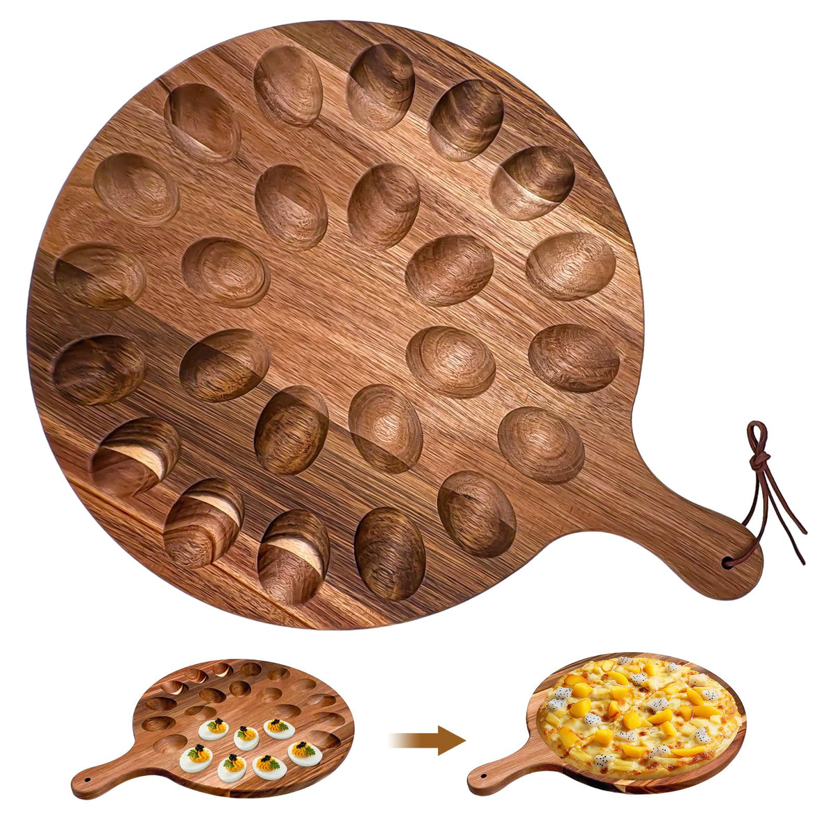 Cmaqpw deviled egg platter in acacia wood with 24 holes