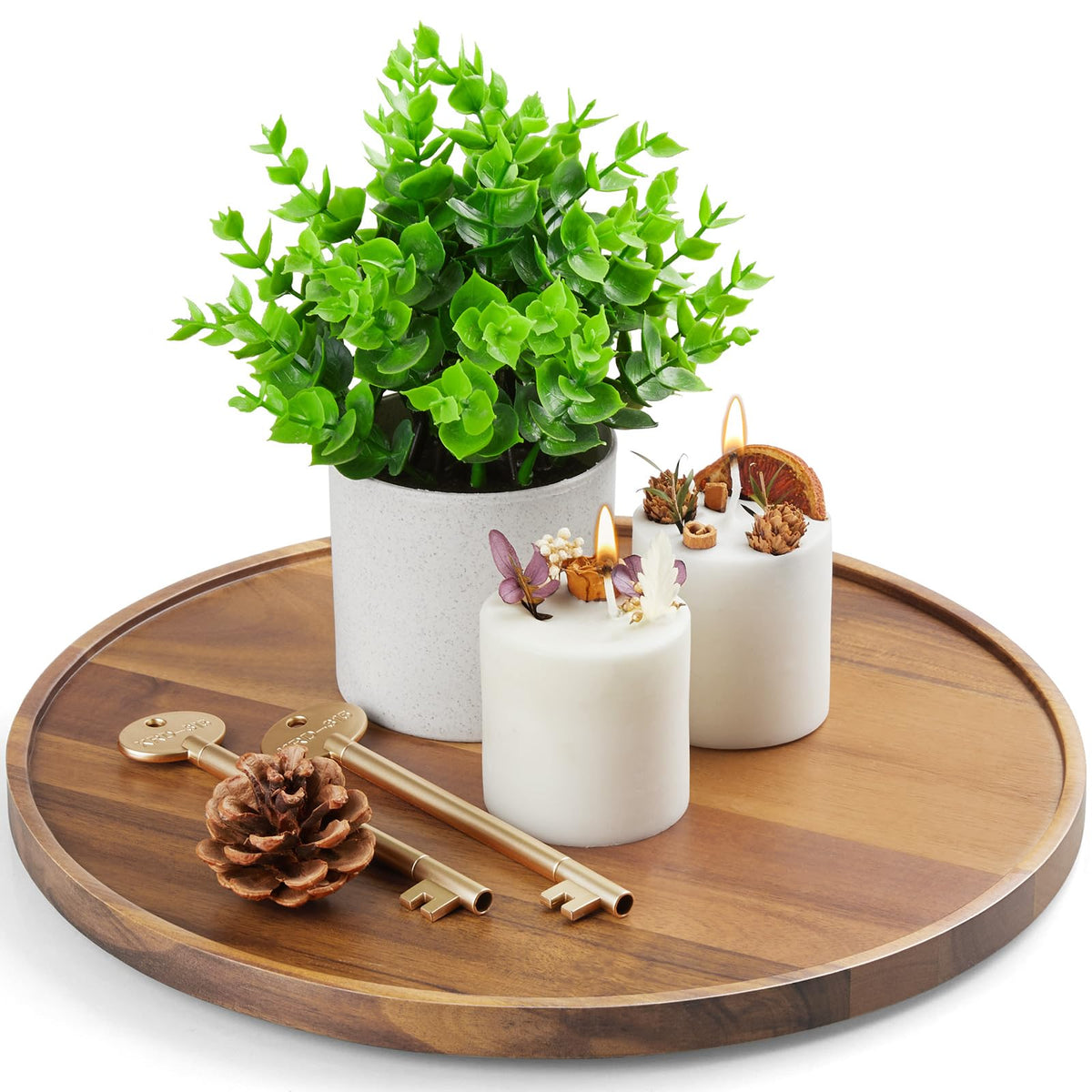 CMLKLZD 12-inch acacia round tray top view highlights natural grain and sturdy construction.