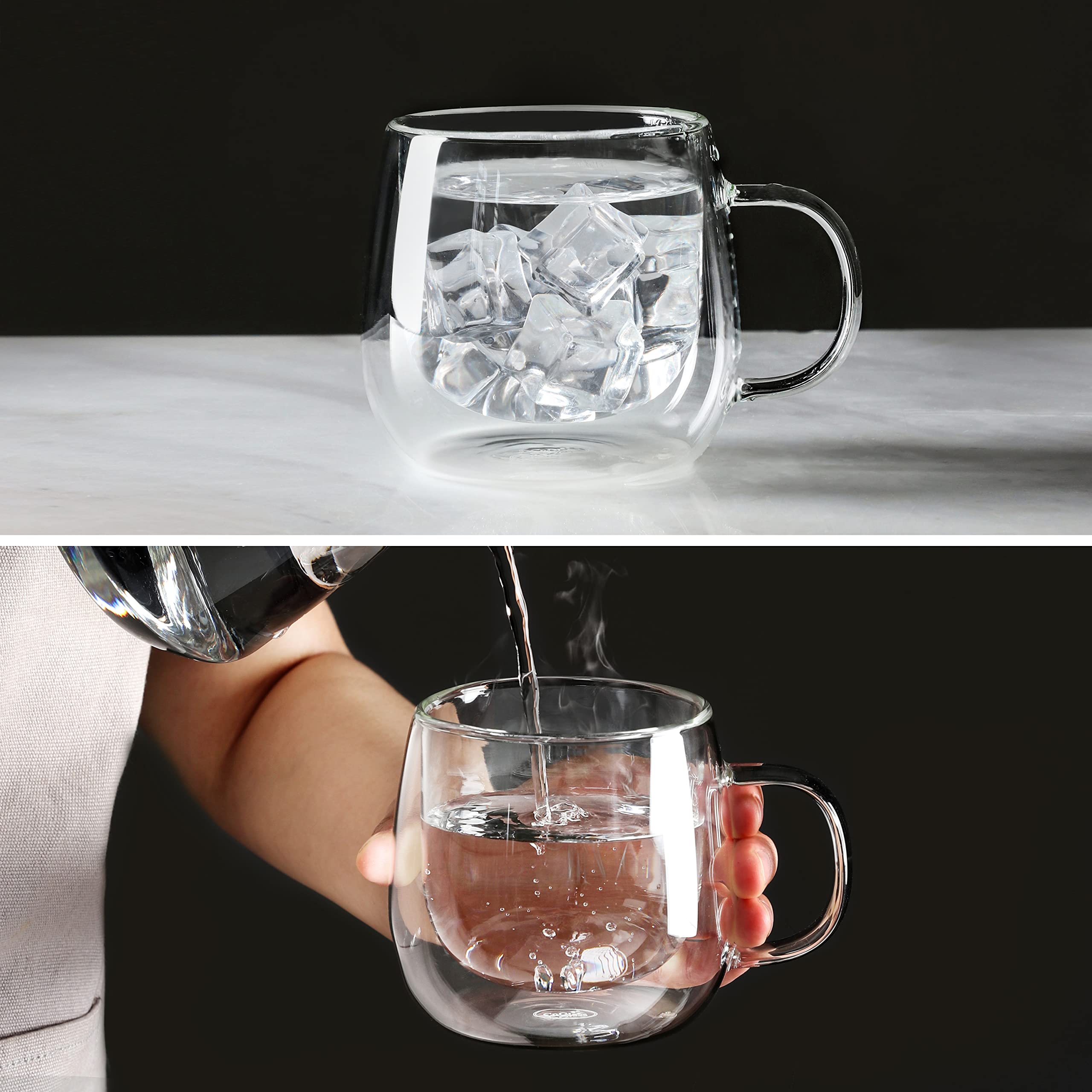 CNGLASS clear glass mug close-up showing clarity and sleek design.