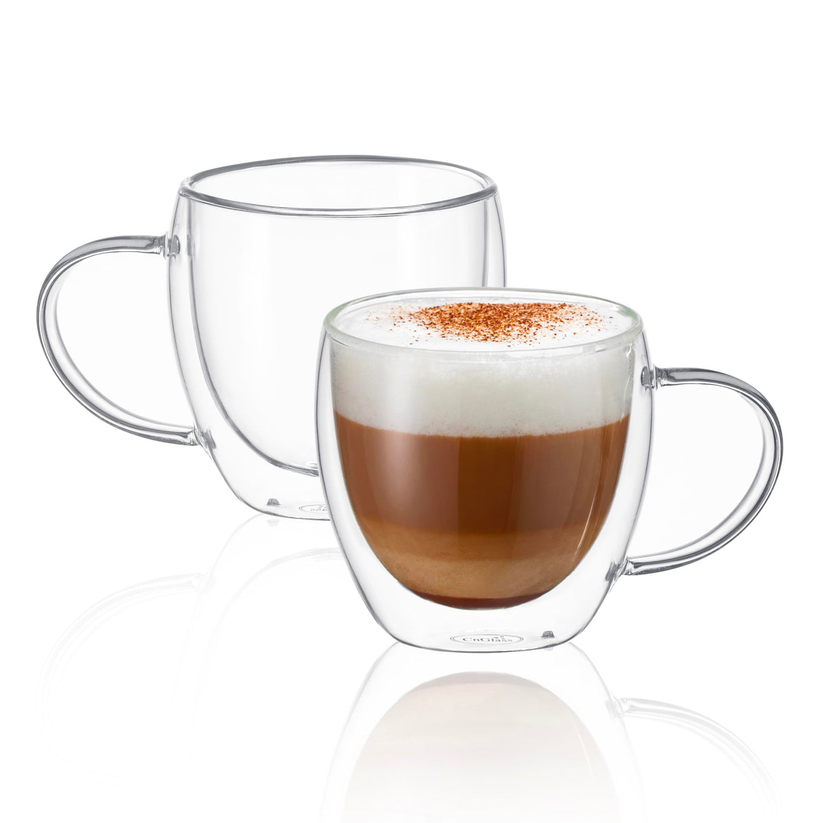 CNGLASS double-wall mug with handle close-up showing insulated heat protection for hot drinks.