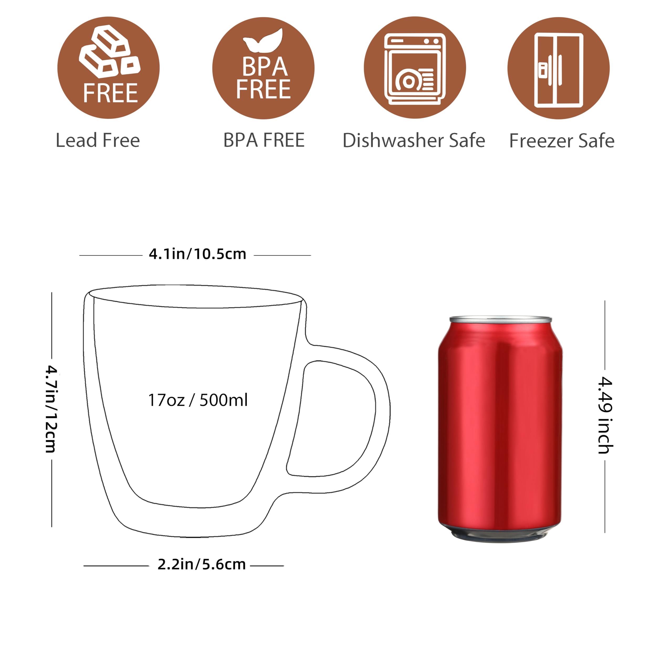CNGLASS insulated glass mug with handle, 2-pack, ideal for daily coffee.