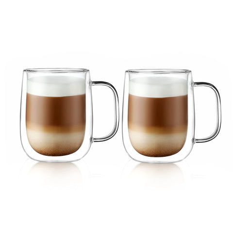 CNGLASS large double-wall mug, front view showing clear insulation, keeps heat in yet touch stays cool.