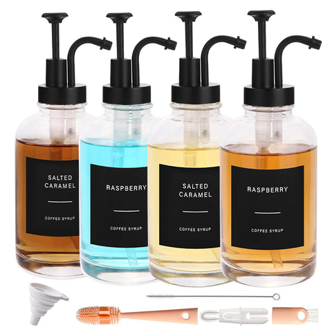CNWSGEM four glass syrup bottles with pumps for precise pours.