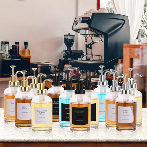 CNWSGEM glass syrup bottles with pumps highlighting premium pouring and durable glass.