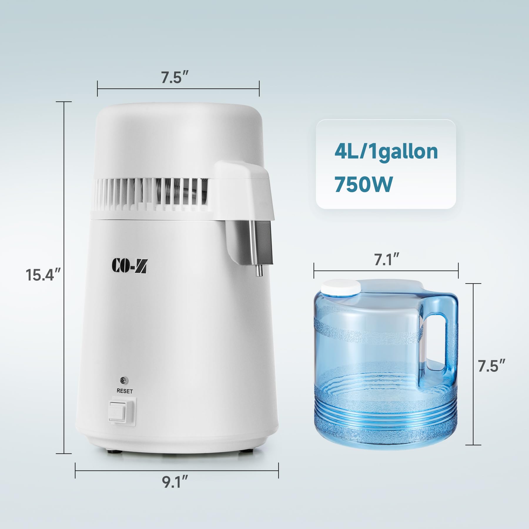 CO-Z distilled water maker side view highlighting slim footprint.