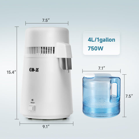 CO-Z distilled water maker side view highlighting slim footprint.