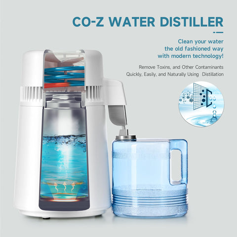 CO-Z distilled water maker water output into a glass during operation.