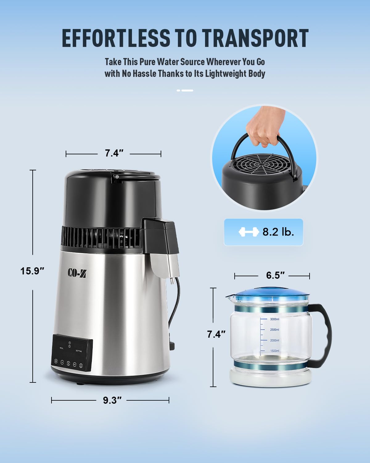 CO-Z distiller stainless steel body ensures durable, safe operation