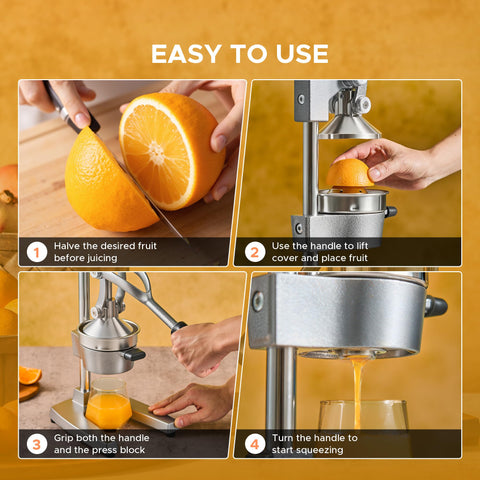 CO-Z manual citrus juicer heavy-duty base anchors on counter for steady pressing.