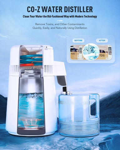 CO-Z water distiller front view shows 1.1 gallon capacity for daily hydration.