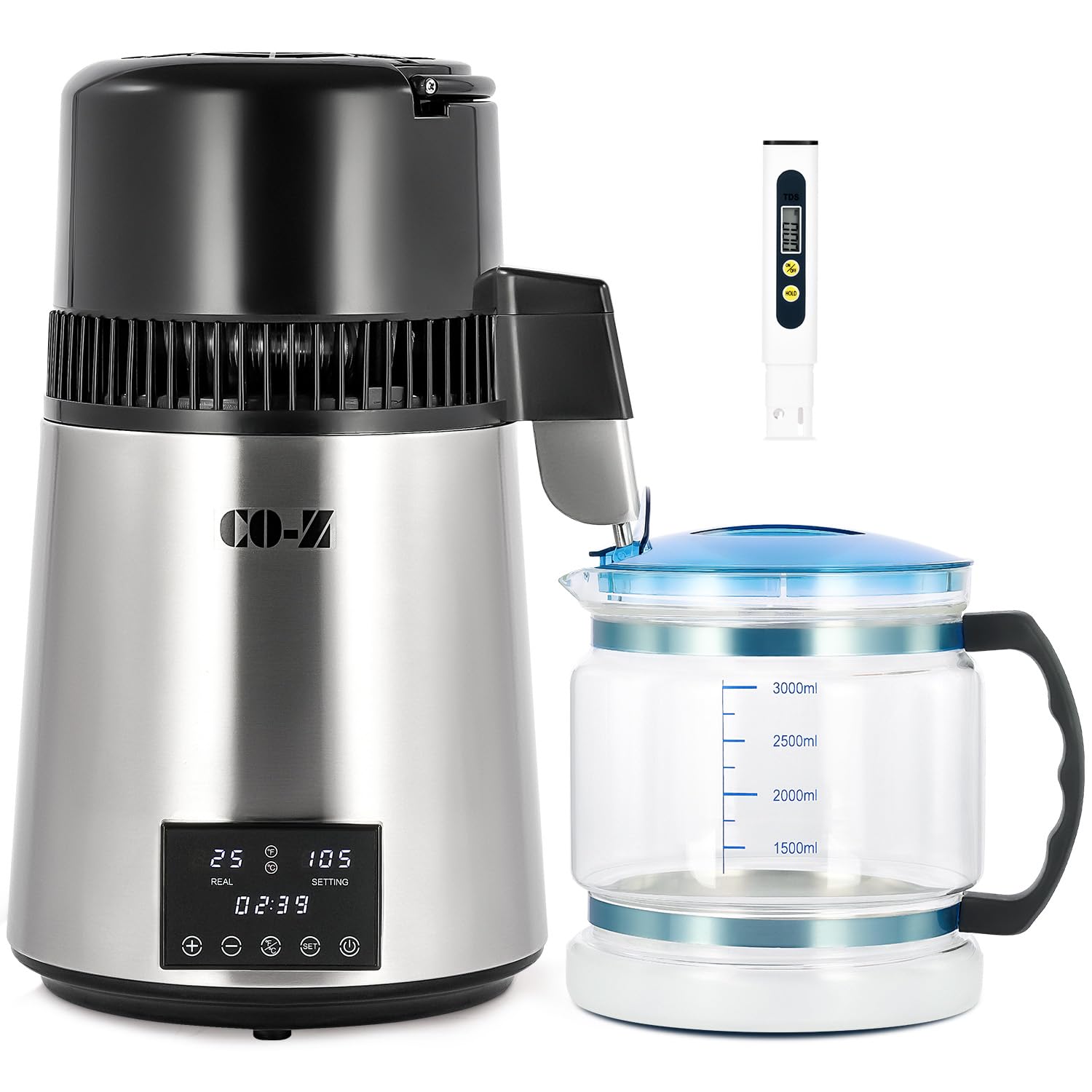 CO-Z water distiller front view highlighting compact countertop design for home use