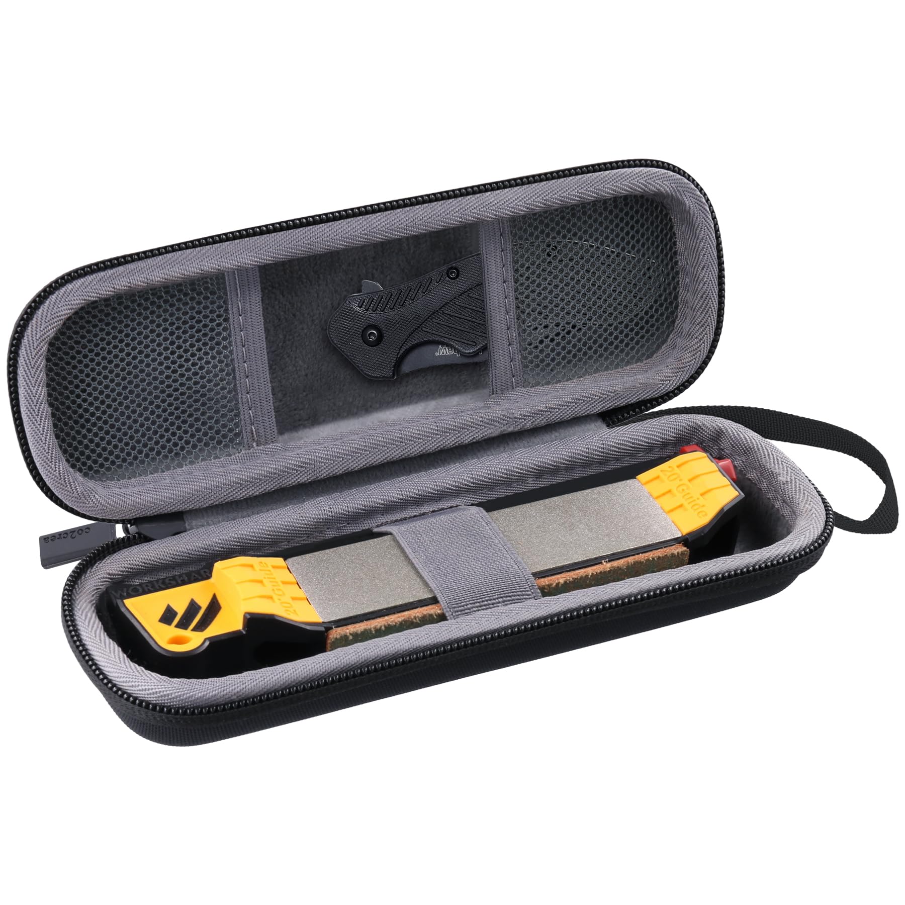 co2CREA hard travel case showing Work Sharp Guided Field Sharpener inside for secure protection.