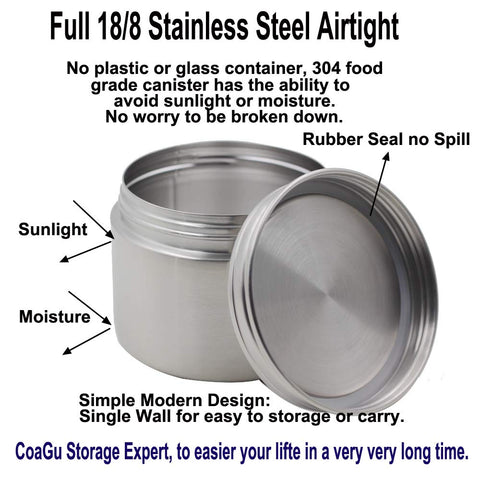 CoaGu 18/8 stainless steel canister provides durable coffee storage
