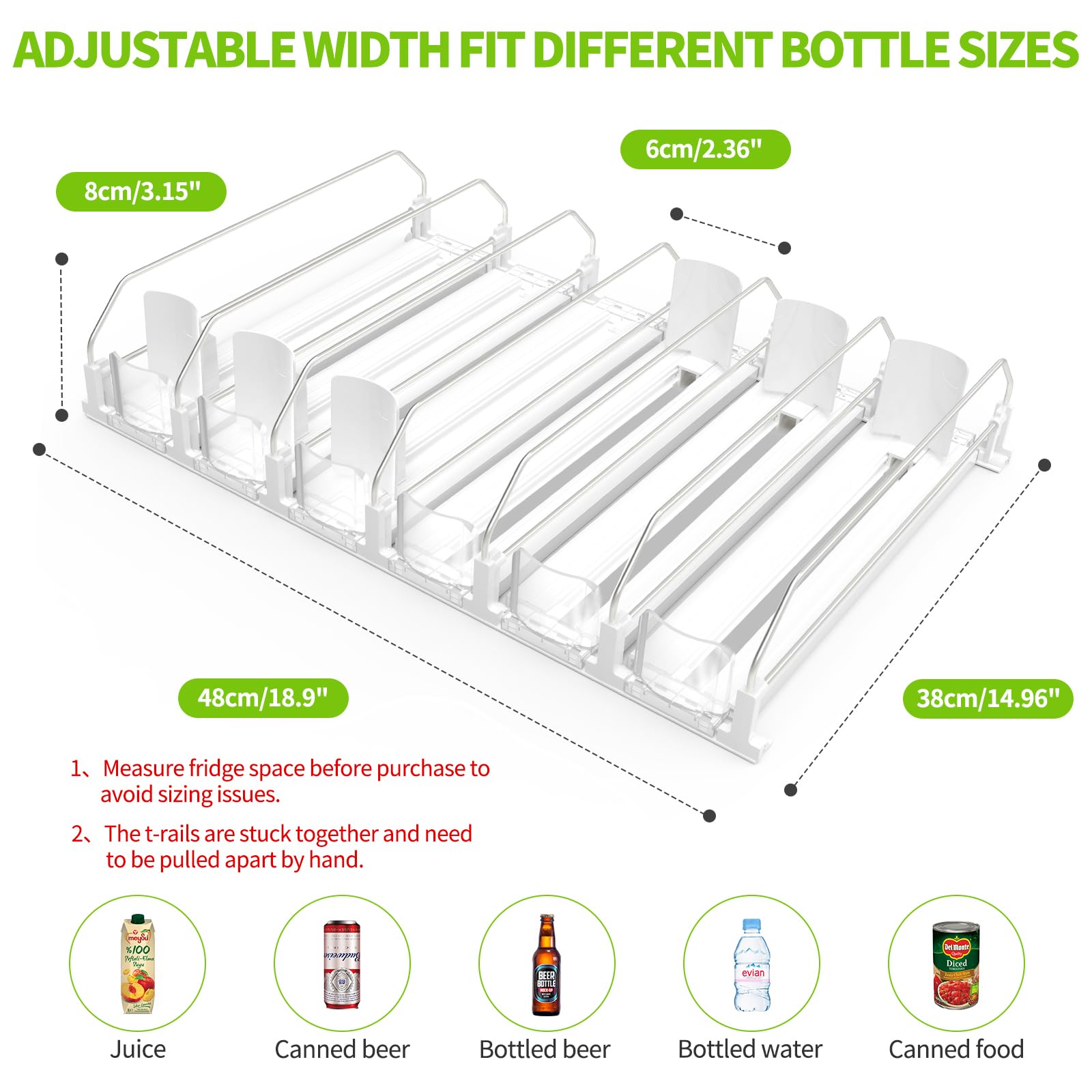 Coanto adjustable rails adapt to wider bottles for a snug, flexible fit