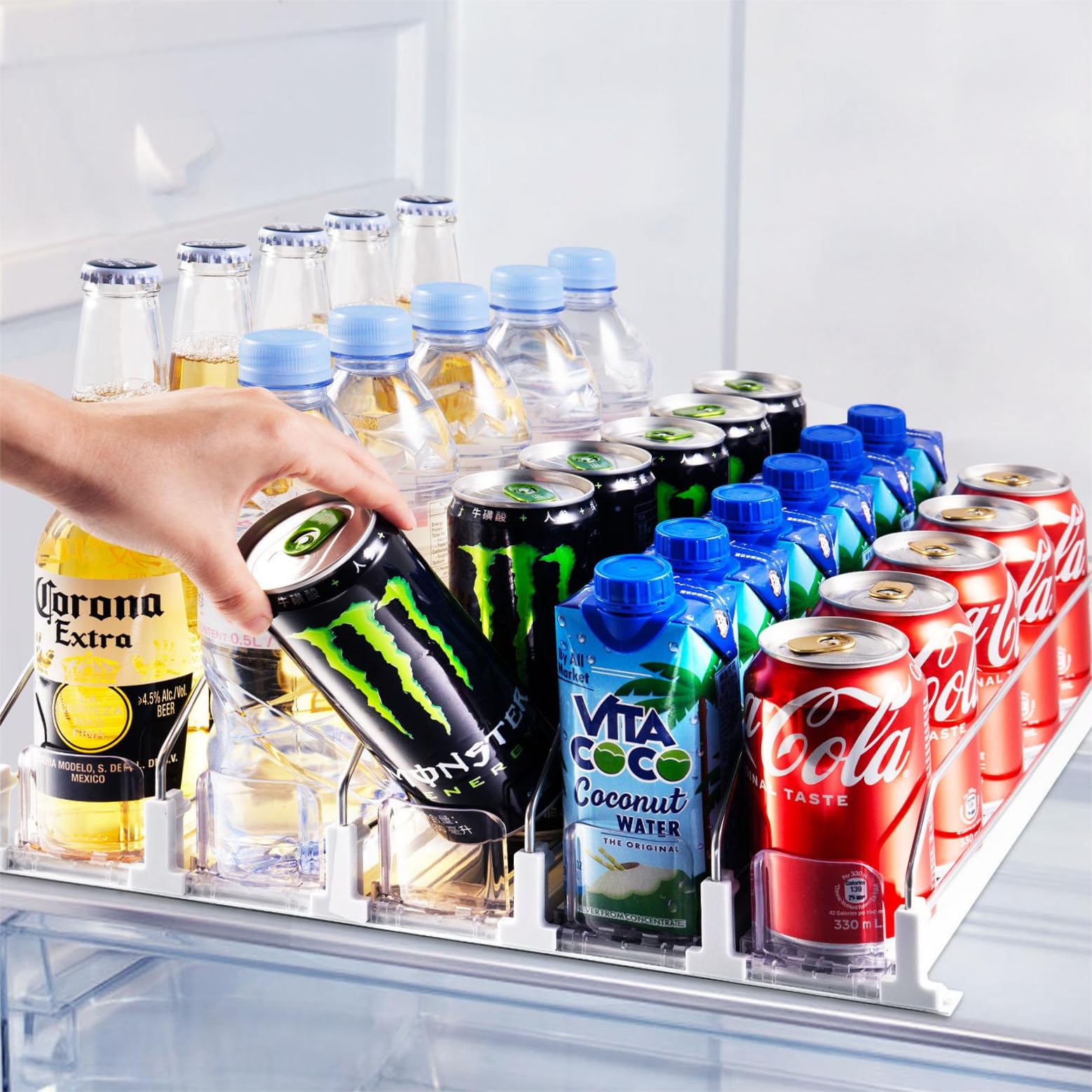 Coanto drink organizer fridge front view showing easy-access can storage