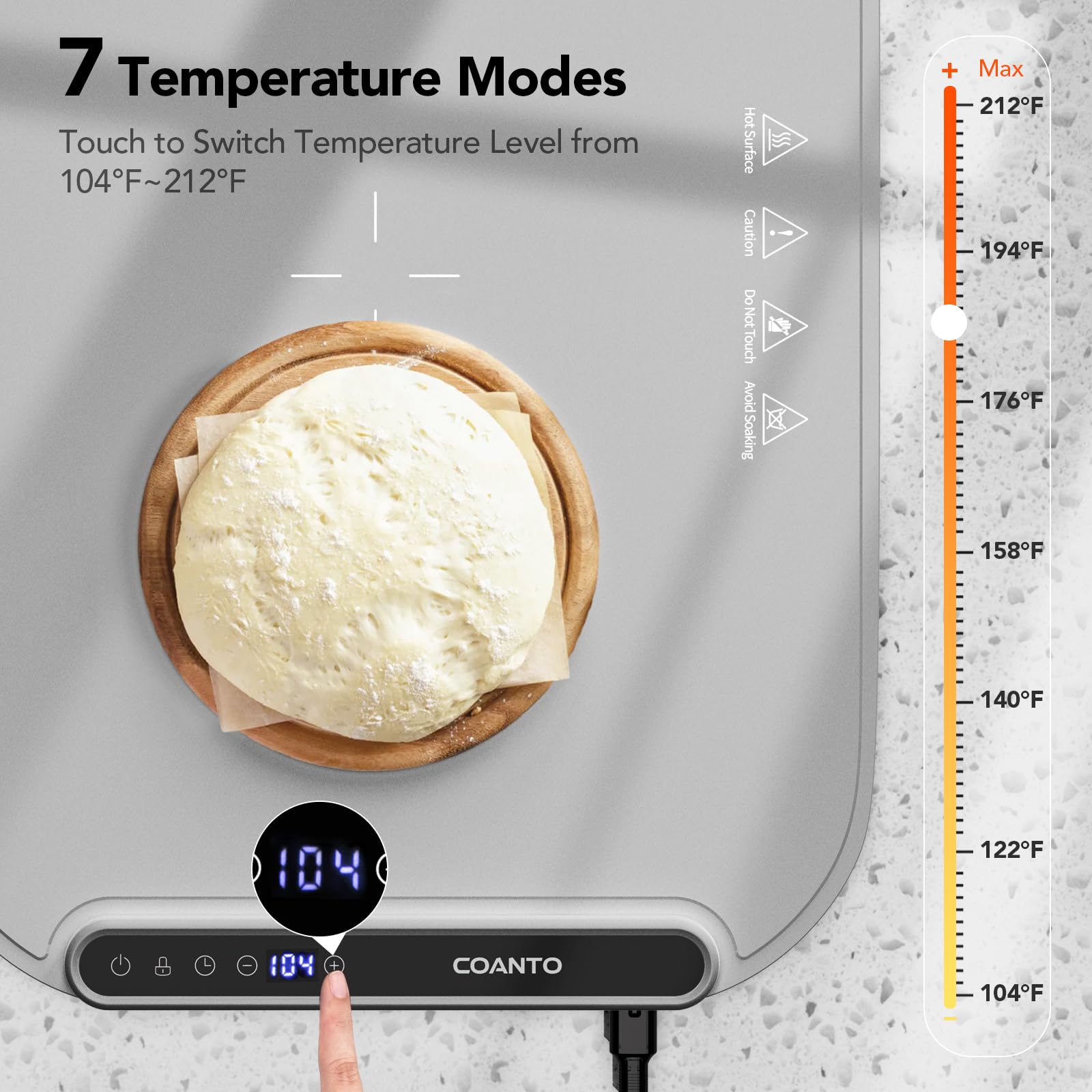 Coanto Food Warming Mat dial close-up with seven settings for precise warmth