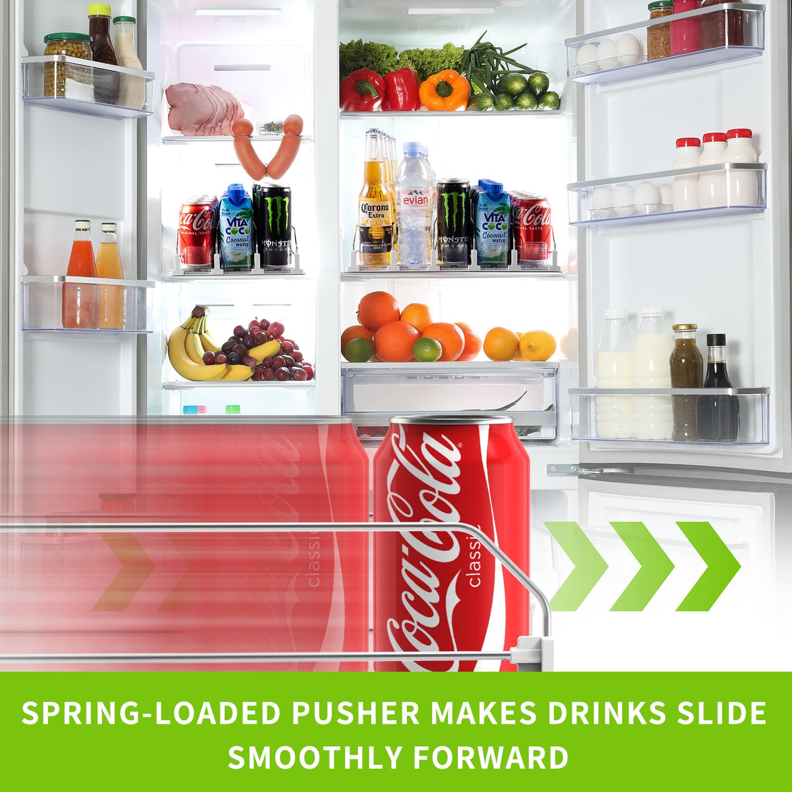 Coanto soda can dispenser in three-row setup for organized storage