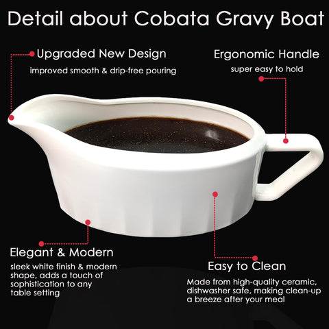 Cobata gravy boat featuring a drip-free pour for clean serving