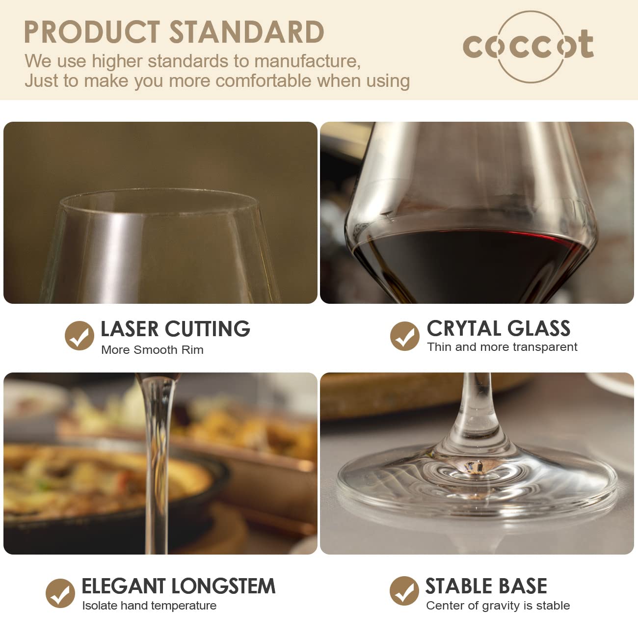 Coccot dining-ready wine glasses for social gatherings and toasts.