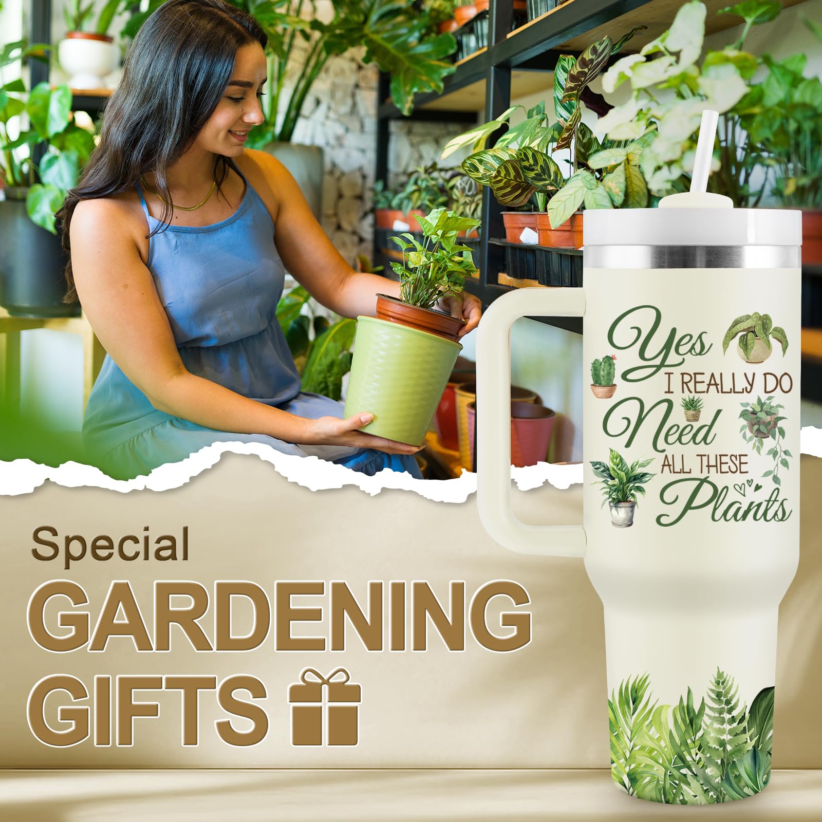 COCOGIFTS 40oz plant lovers tumbler showing double-wall insulation for hot or cold drinks.