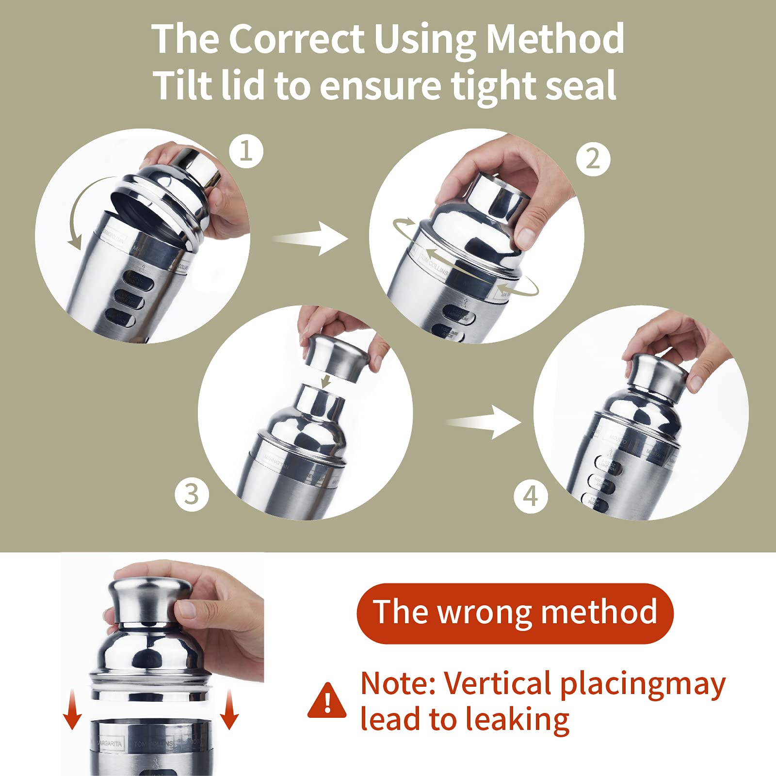 Cocosun leakproof stainless steel shaker with double bottom.
