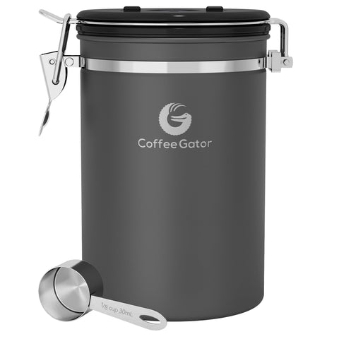 Coffee Gator 22oz canister with CO2 valve keeps beans fresh