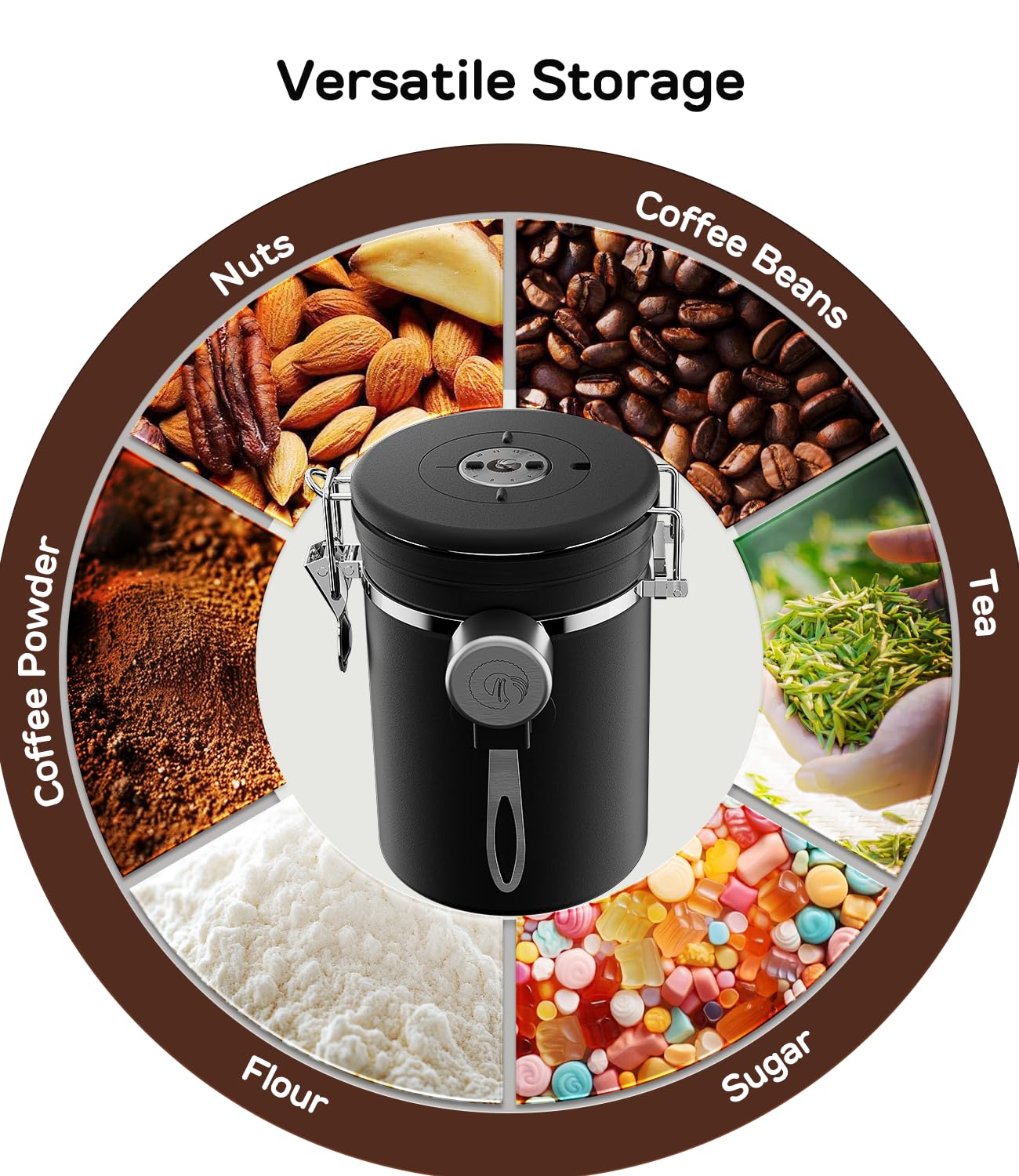 Coffee Gator canister stores beans, grounds, and tea with versatility.