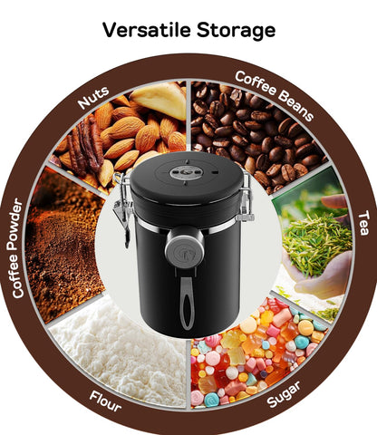 Coffee Gator canister stores beans, grounds, and tea with versatility.