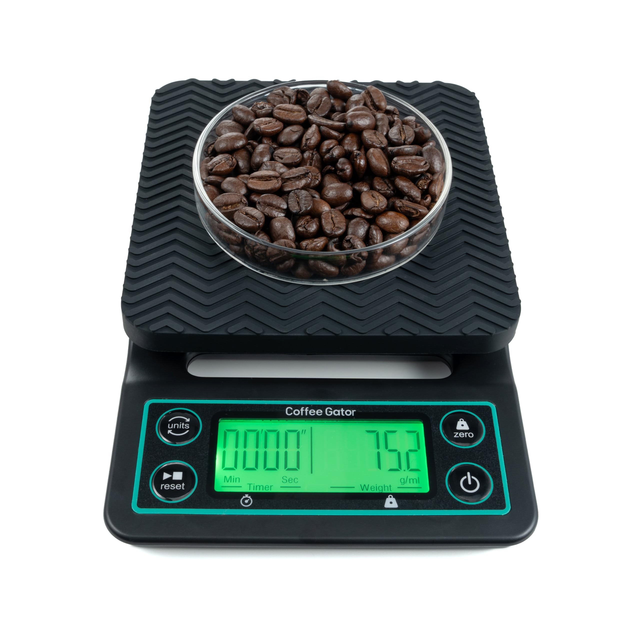 Coffee Gator scale with 0.1g precision for pour-over dosing.
