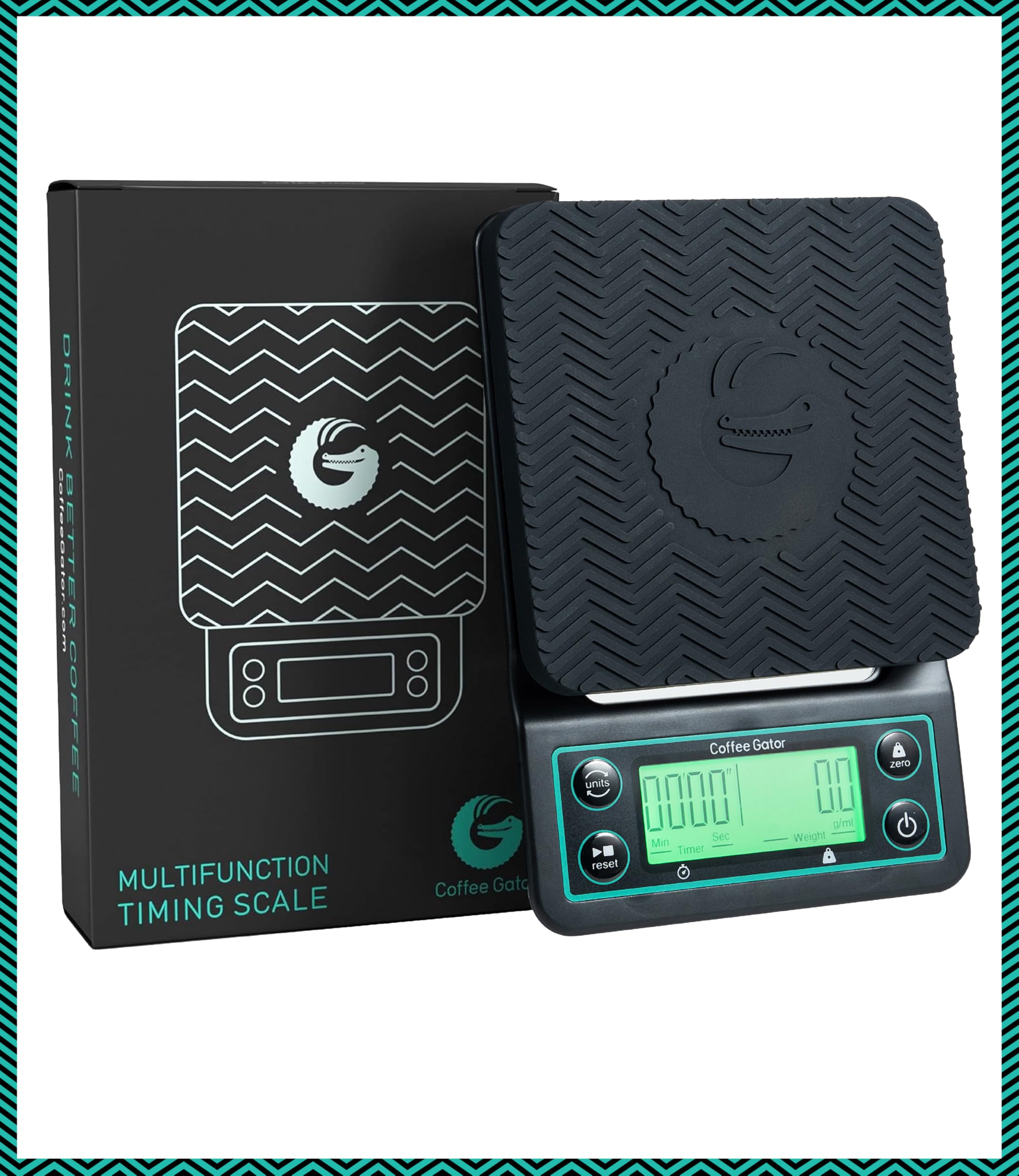 Coffee Gator scale switches between grams, ounces, and milliliters.