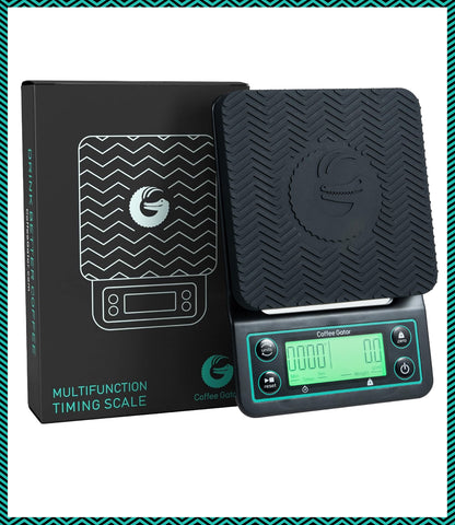 Coffee Gator scale switches between grams, ounces, and milliliters.