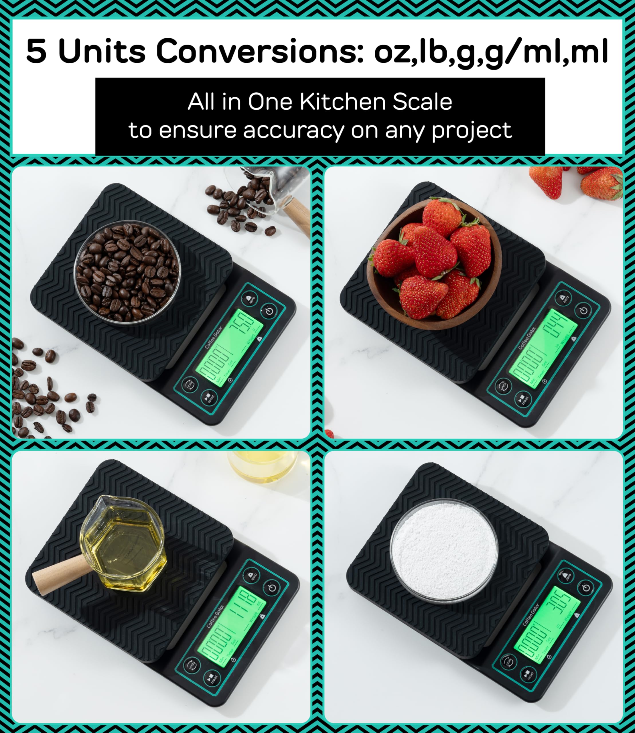 Coffee Gator scale batteries included and auto-off feature.