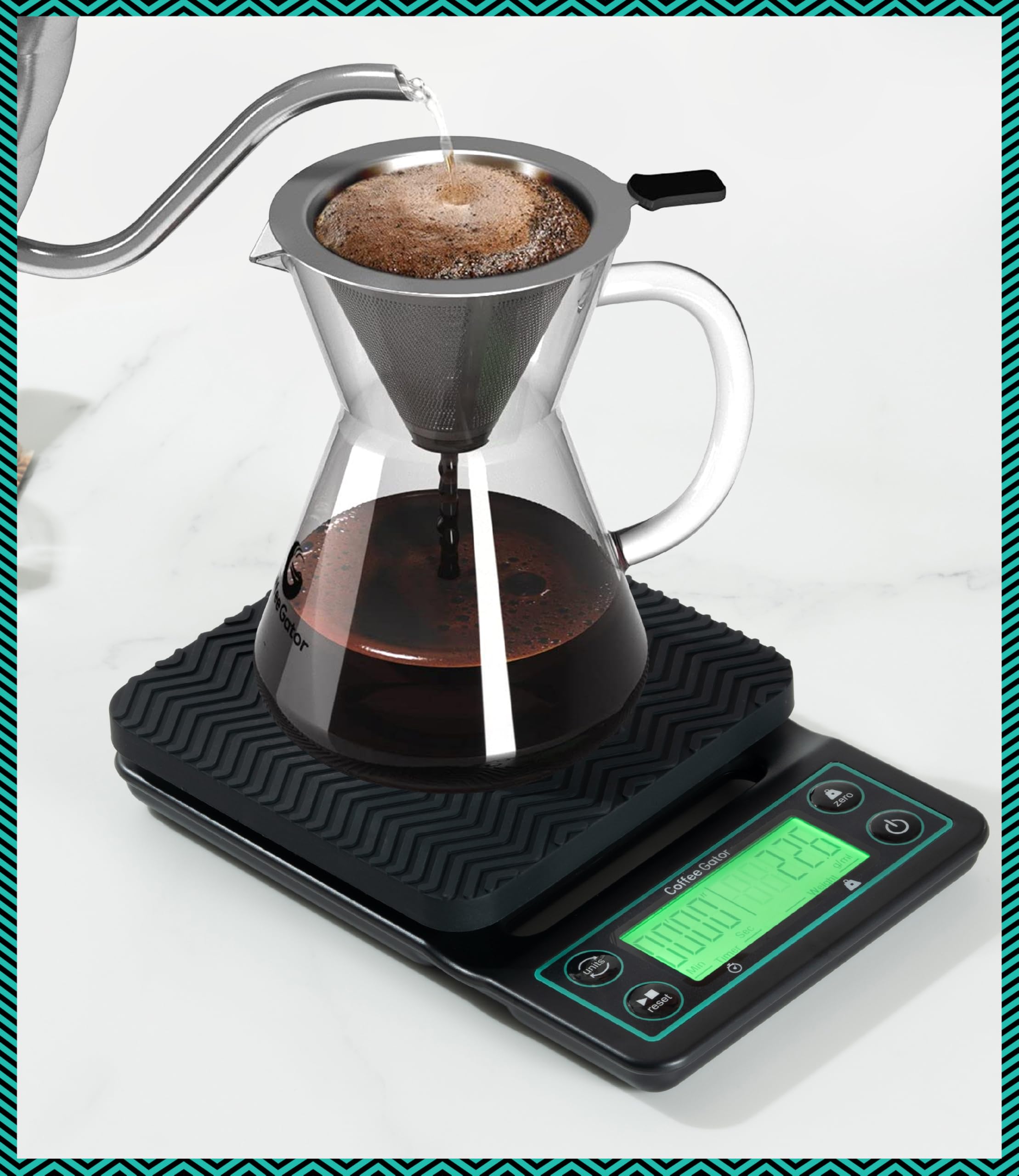 Coffee Gator scale spill-proof design for easy cleanup.