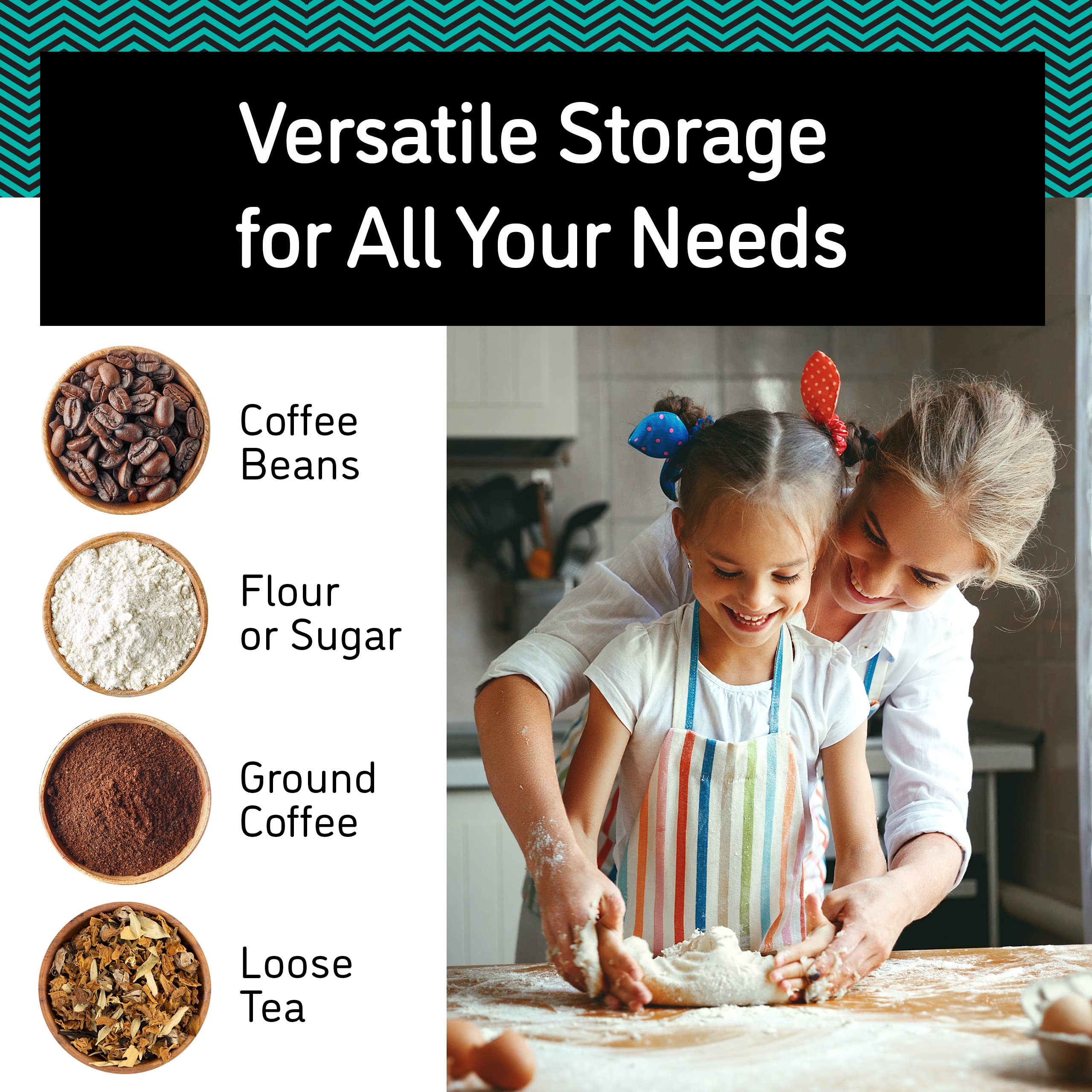 Coffee Gator multi-use storage keeps tea, beans, and cereals fresh.