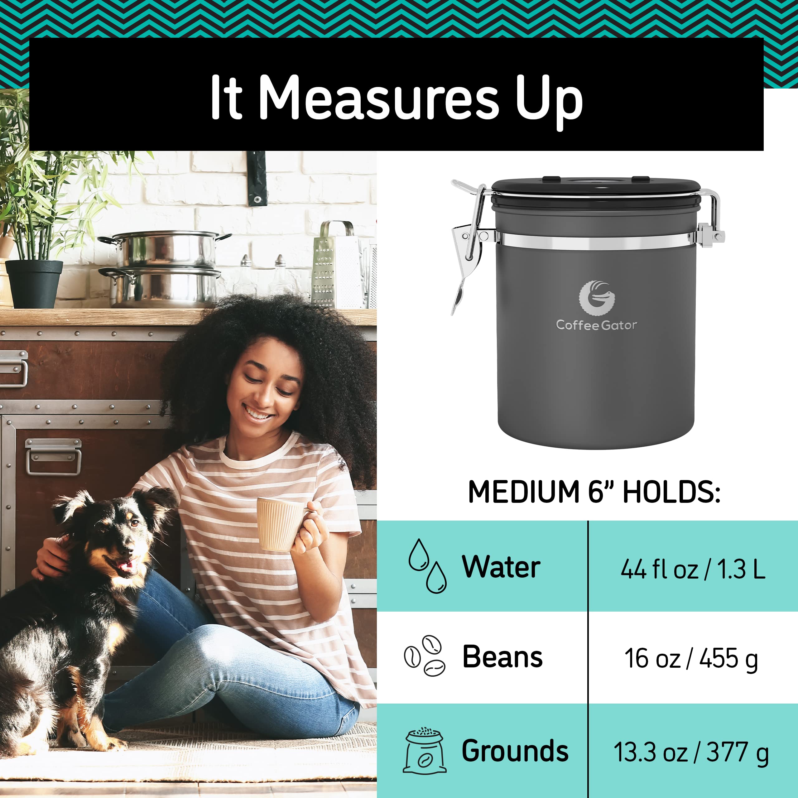 Coffee Gator stainless steel construction signals durable, premium kitchen storage.