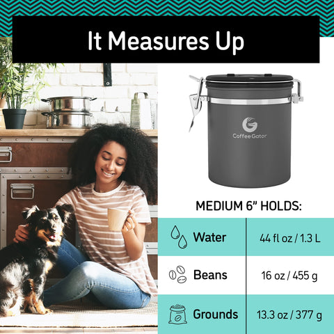 Coffee Gator stainless steel construction signals durable, premium kitchen storage.