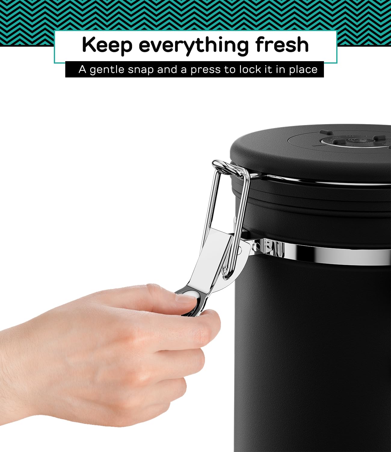 Coffee Gator stainless steel container fits neatly on kitchen shelves.