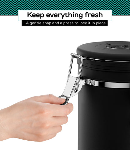 Coffee Gator stainless steel container fits neatly on kitchen shelves.
