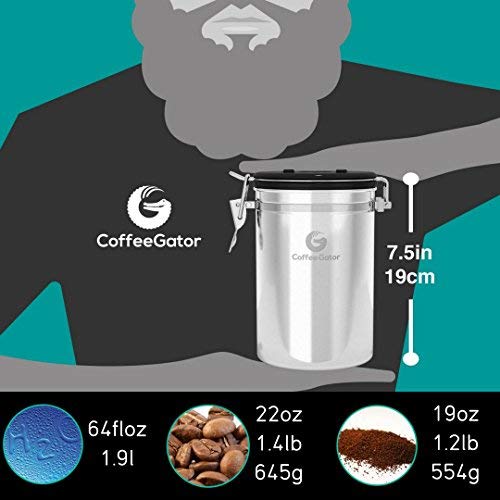 Stainless steel Coffee Gator storage resists odors and preserves flavor.