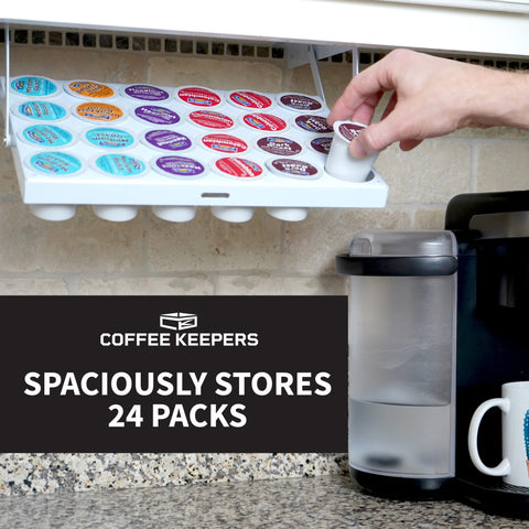 COFFEEKEEPERS swing-down access keeps pods within reach for daily coffee.