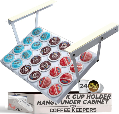 COFFEEKEEPERS under-cabinet k cup holder stores 24 pods, saving counter space.