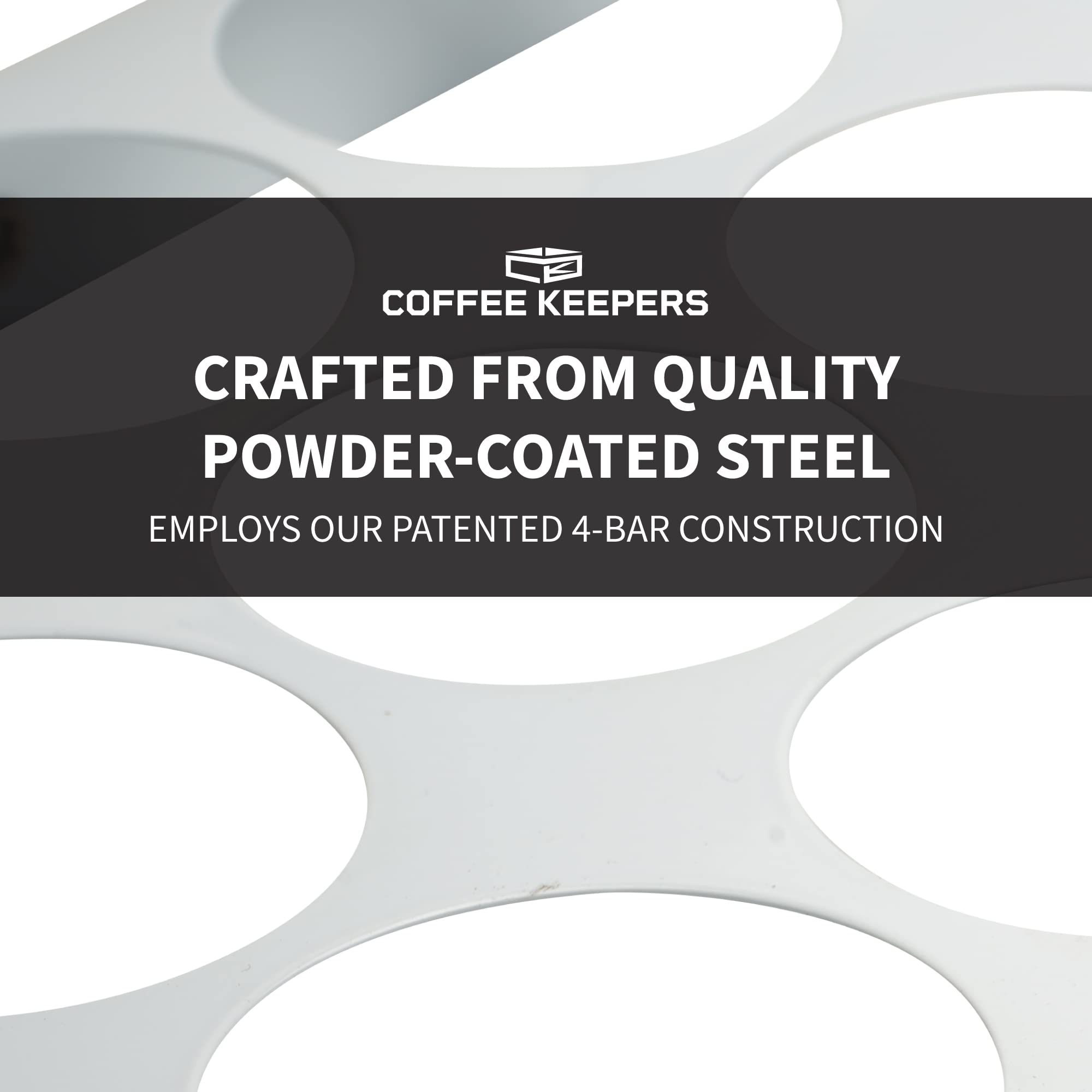 COFFEEKEEPERS under-cabinet holder blends with modern kitchen design and keeps pods organized.