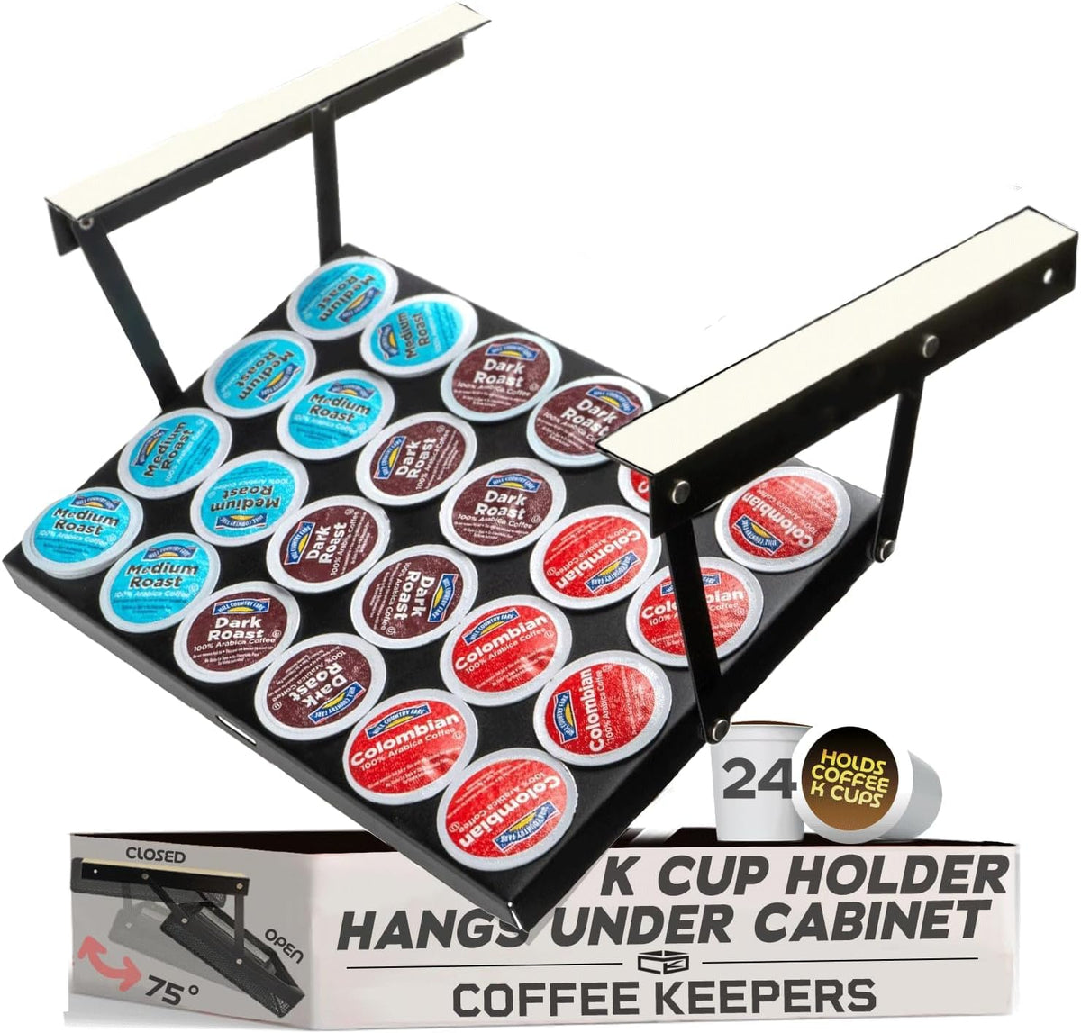 COFFEEKEEPERS under-cabinet K cup holder with swing-down access keeps pods organized