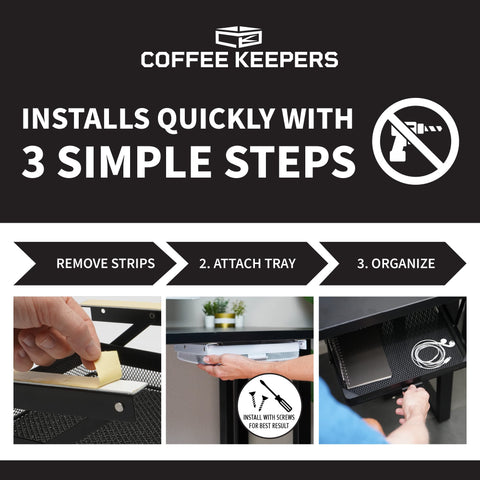 COFFEEKEEPERS under desk drawer drawer-contents demonstrates organized space for stationery and chargers.