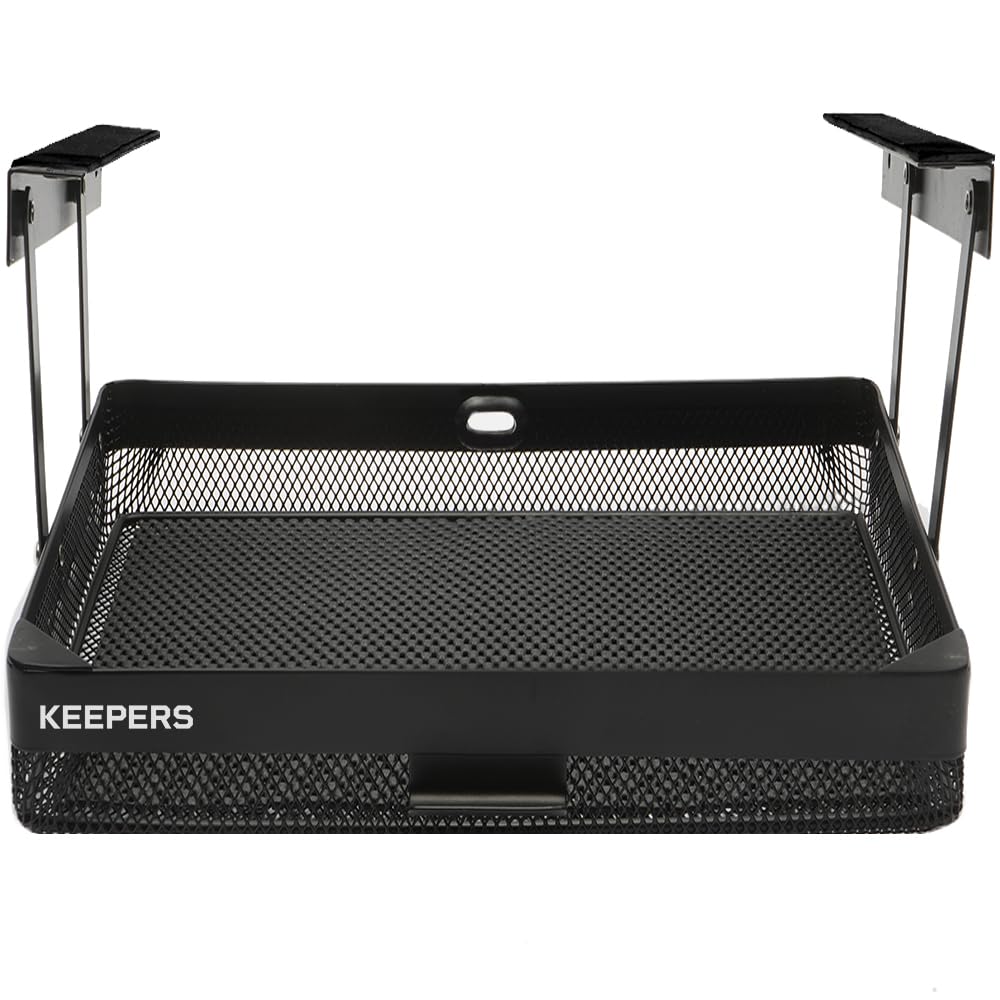 COFFEEKEEPERS under desk drawer front view highlights slim metal design and space-saving finish.